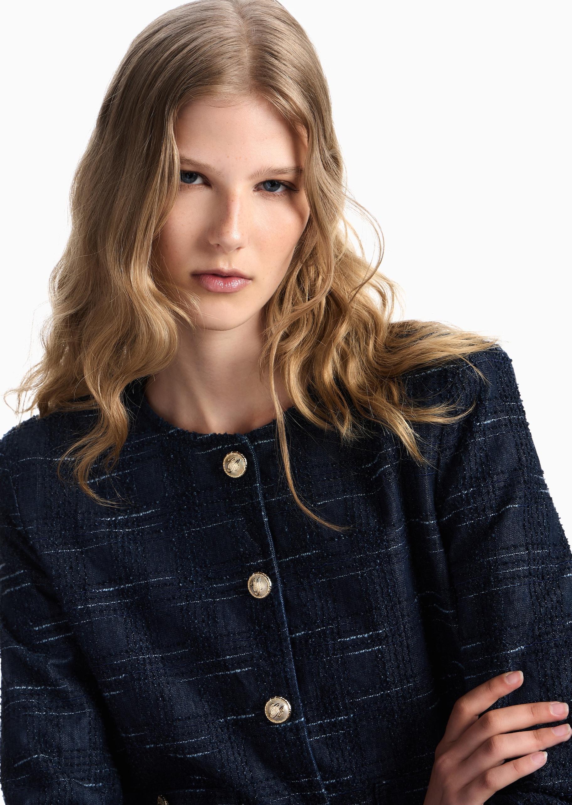 Emporio Armani 女士纯棉长袖圆领休闲单排扣通勤西装外套