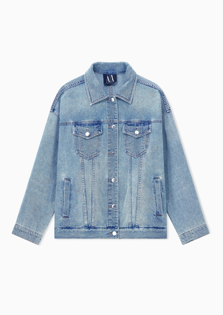 ARMANI EXCHANGE 女士翻领复古休闲落肩水洗牛仔夹克工装外套