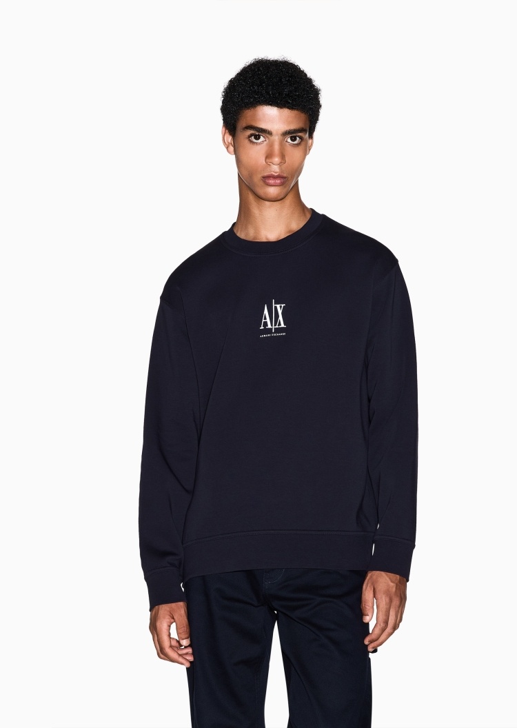 ARMANI EXCHANGE 男士棉质微弹宽松长袖圆领LOGO刺绣卫衣