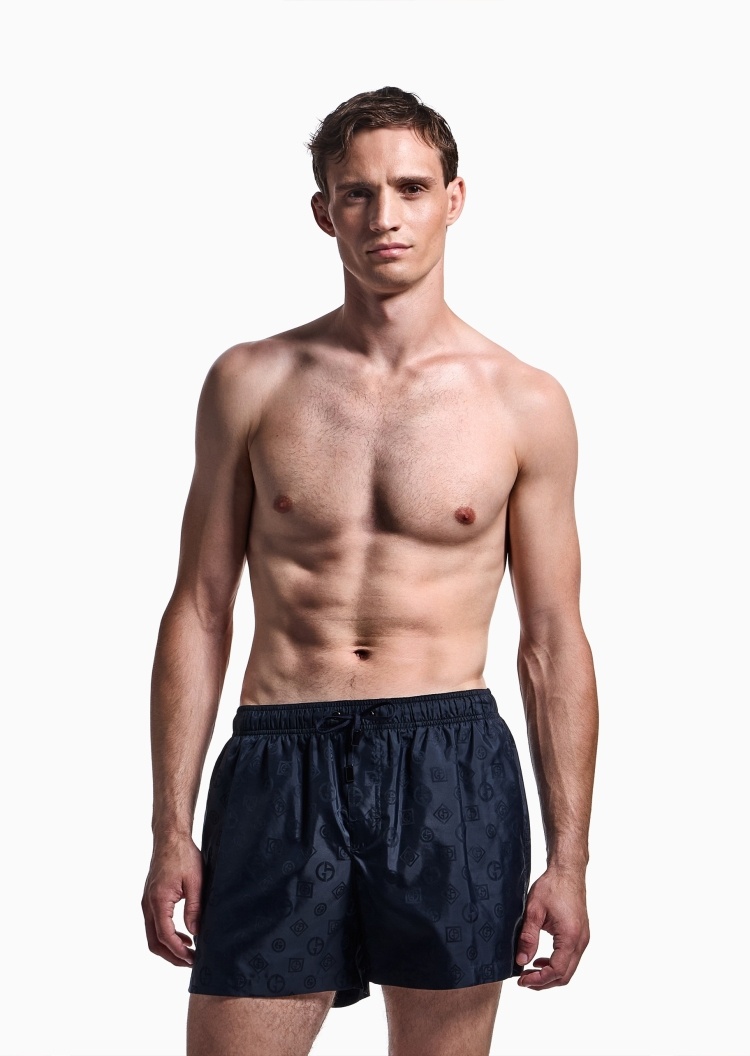 Giorgio Armani 男士松紧系带短款满印交织字母沙滩裤