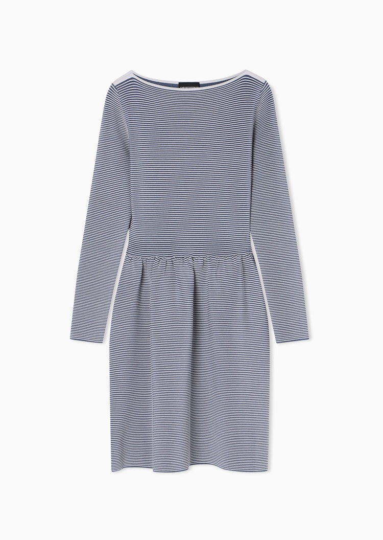 Emporio Armani 女士长袖船领细条纹收腰优雅连衣裙