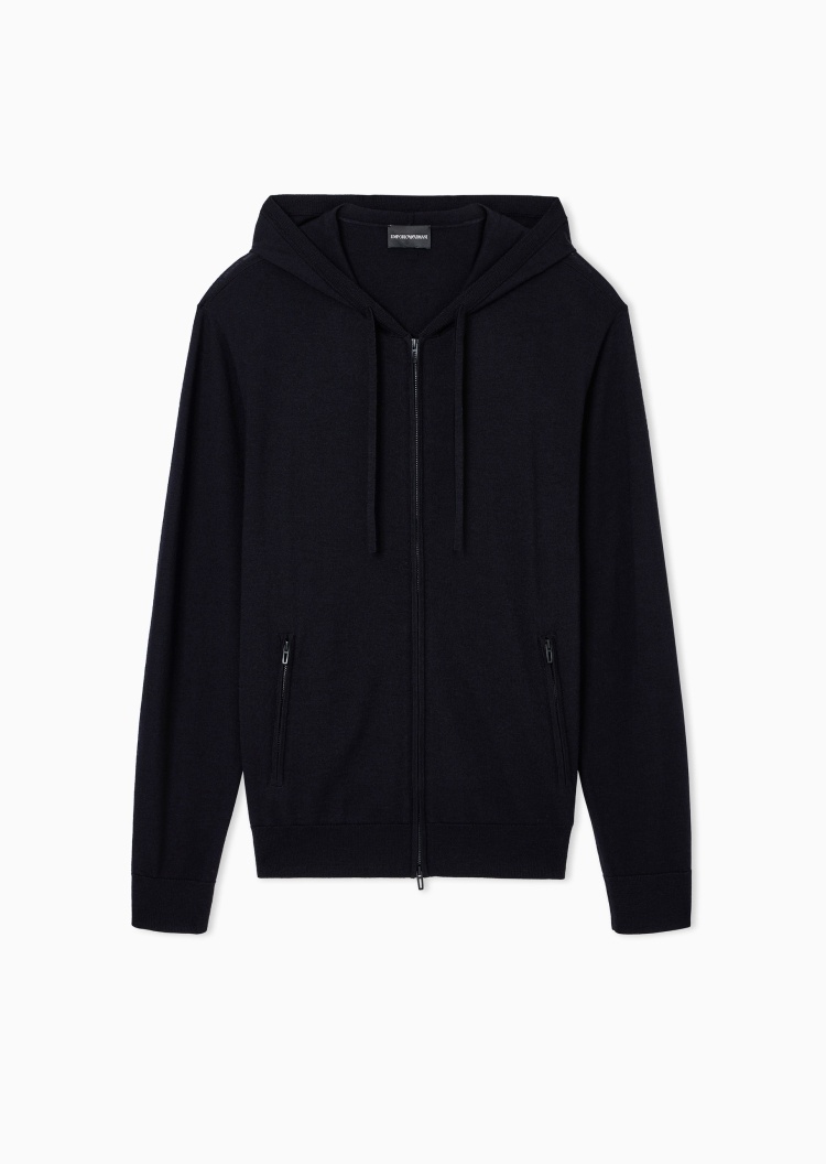 Emporio Armani 男士绵羊毛长袖连帽拉链针织开衫
