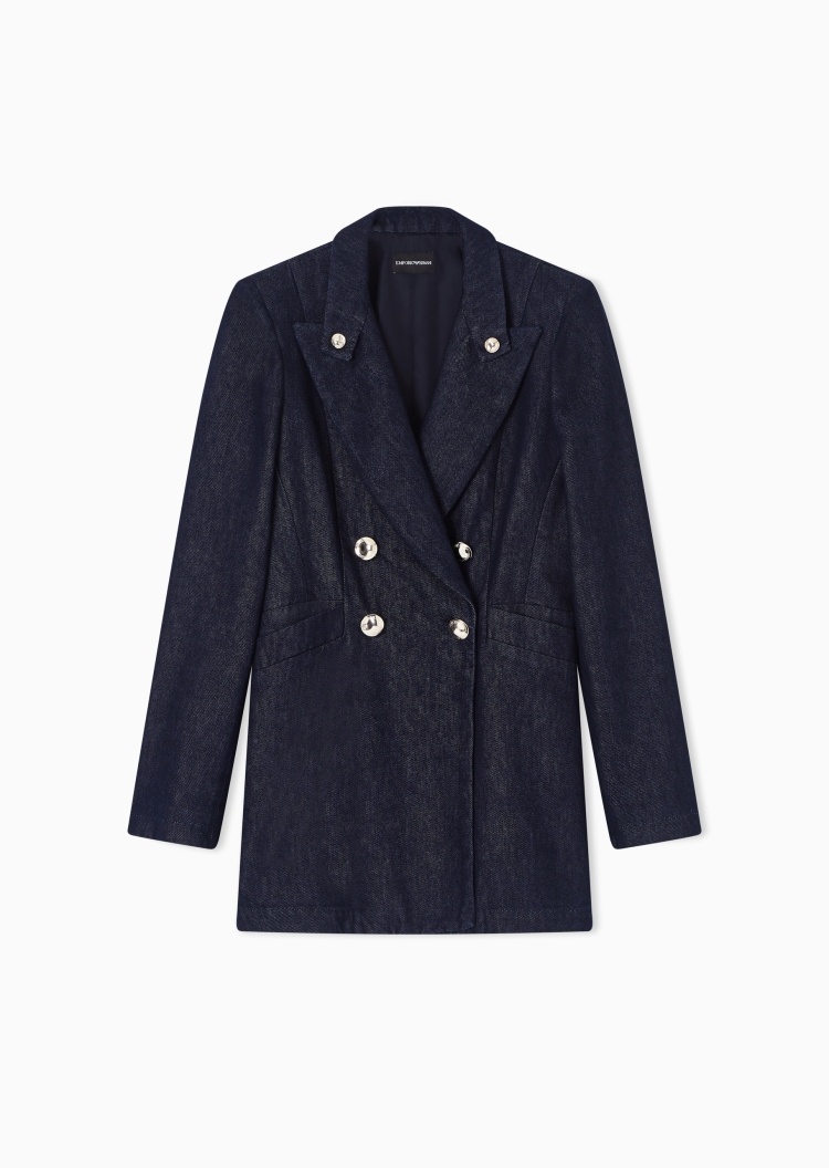 Emporio Armani 女士长袖戗驳领双排扣牛仔西装外套