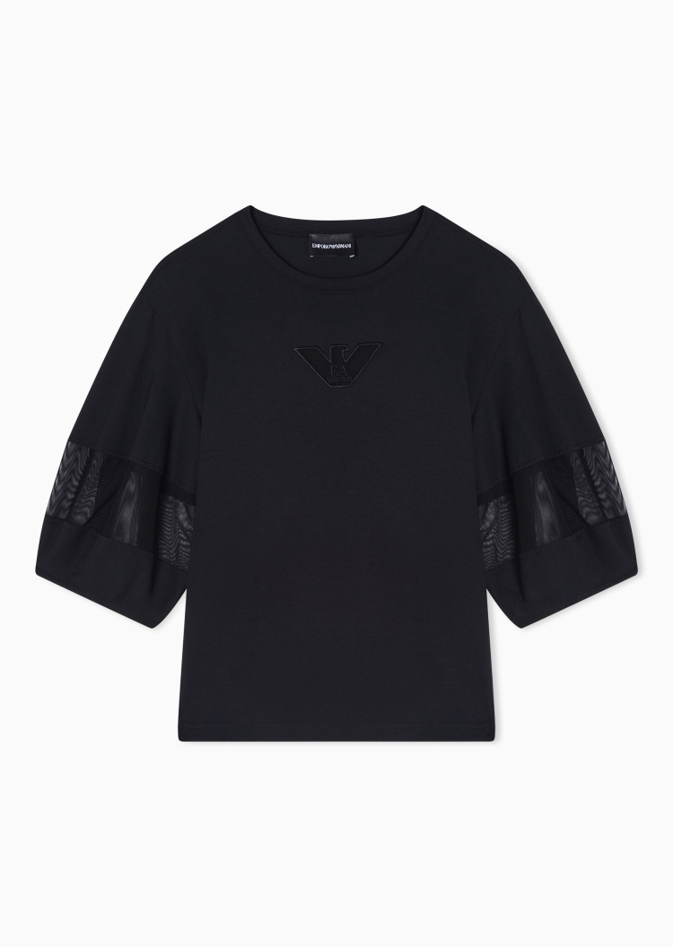 Emporio Armani 女士五分袖圆领网纱拼接休闲针织衫