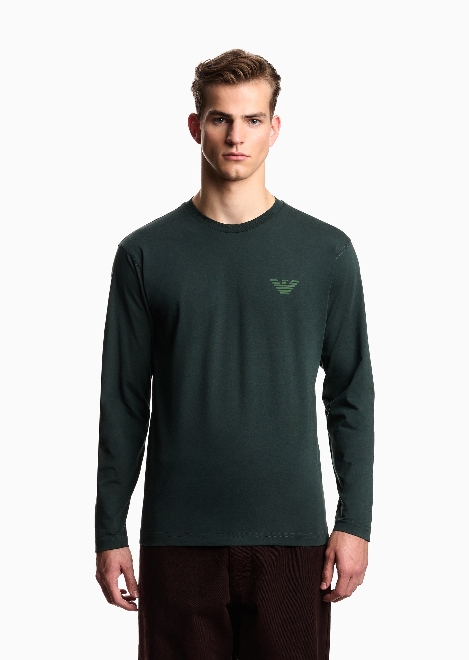 Emporio Armani 男士纯棉合身长袖圆领印花时尚T恤