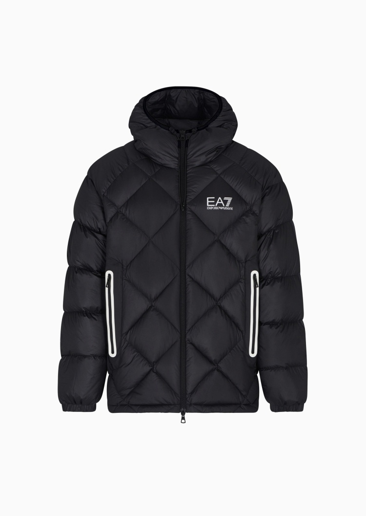 EA7 男士短款加厚宽松连帽拉链菱形绗缝羽绒服