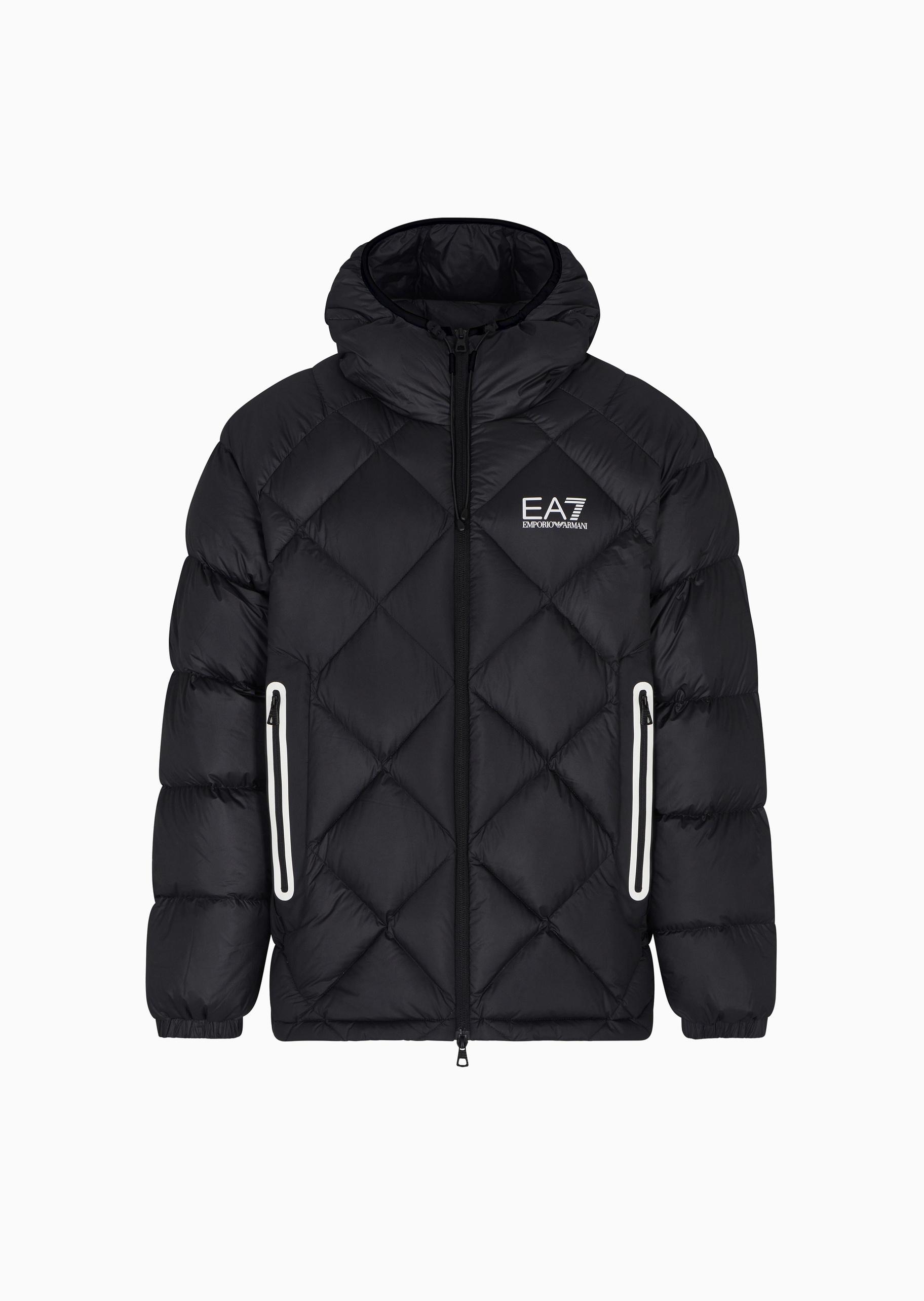 EA7 男士短款加厚宽松连帽拉链菱形绗缝羽绒服