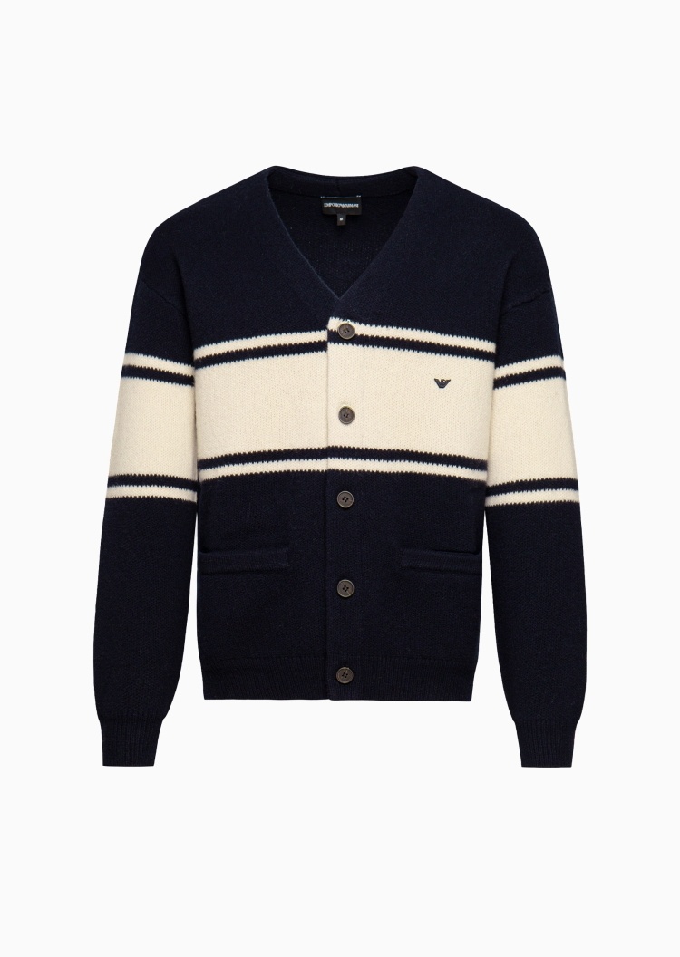 Emporio Armani 男士情侣款绵羊毛学院风条纹针织开衫