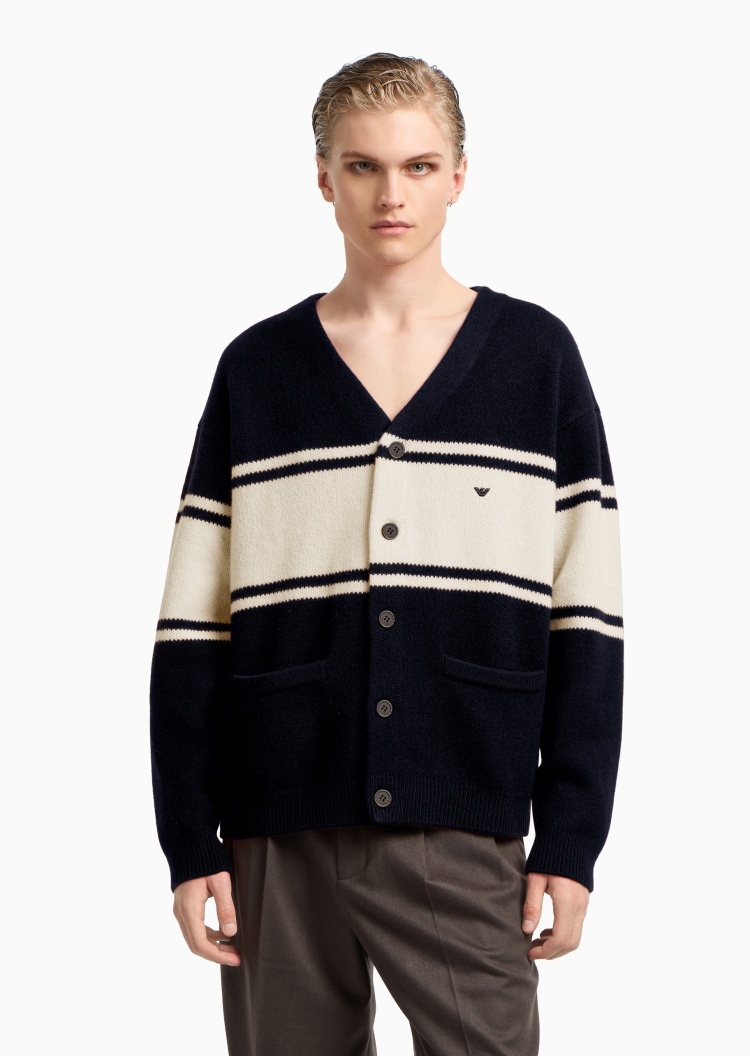 Emporio Armani 男士情侣款绵羊毛学院风条纹针织开衫