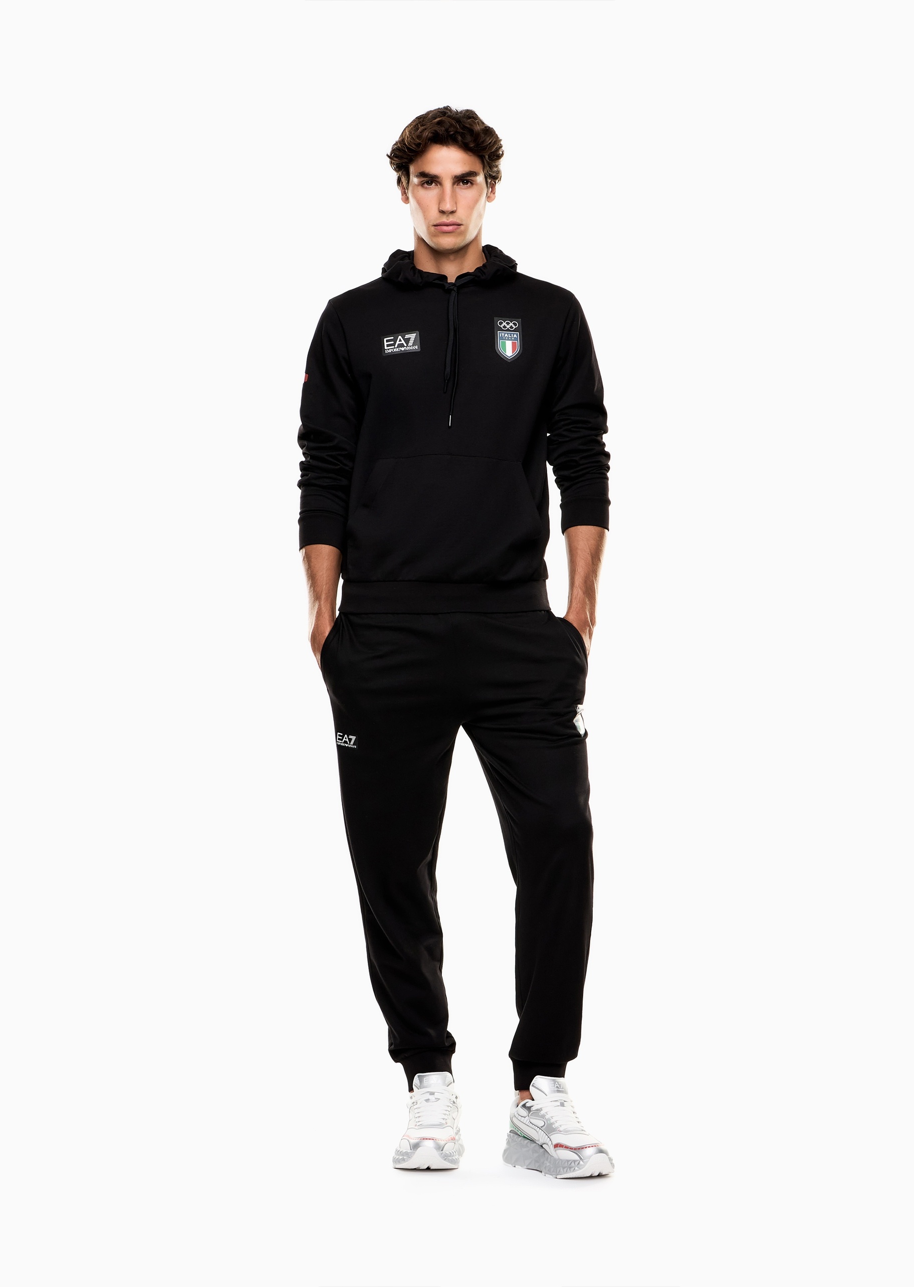 EA7 男女同款纯棉重磅合身连帽运动训练卫衣