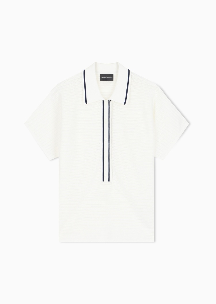 Emporio Armani 女士短袖翻领撞色条纹横纹肌理针织衫