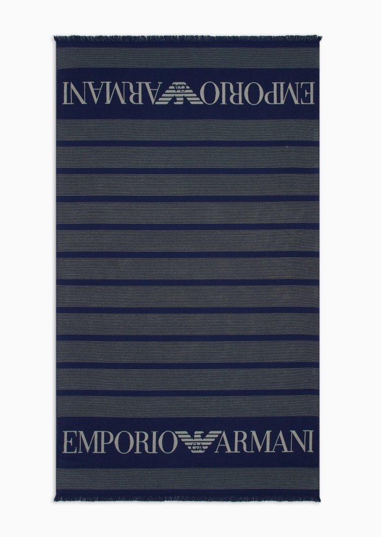Emporio Armani 男女棉质长方形短穗徽标提花沙滩毛巾