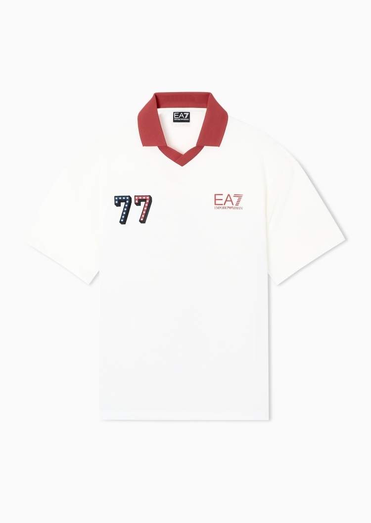 EA7 男士短袖V型翻领撞色刺绣运动Polo衫