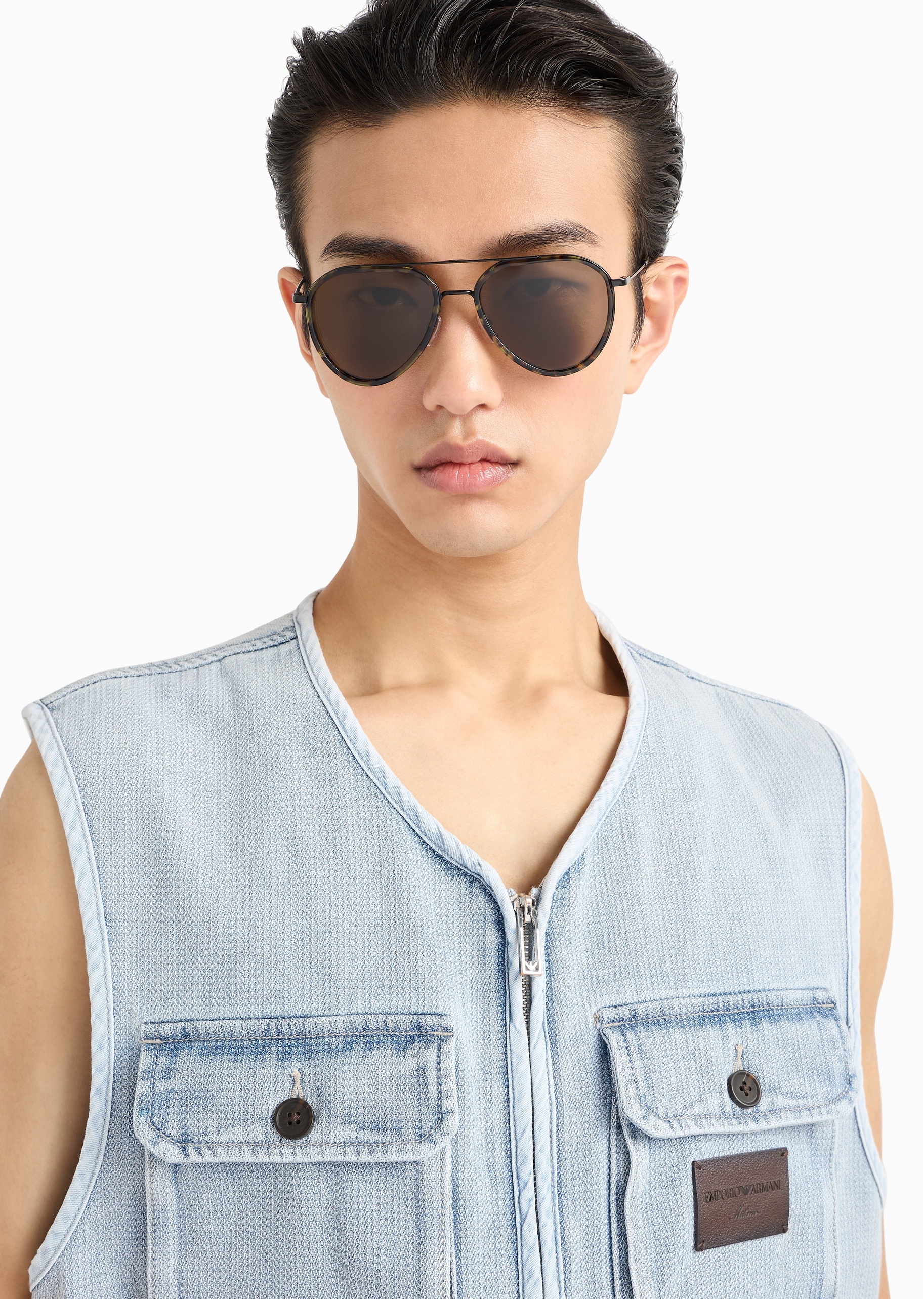 Emporio Armani 男士透明框飞行员复古斑纹太阳眼镜