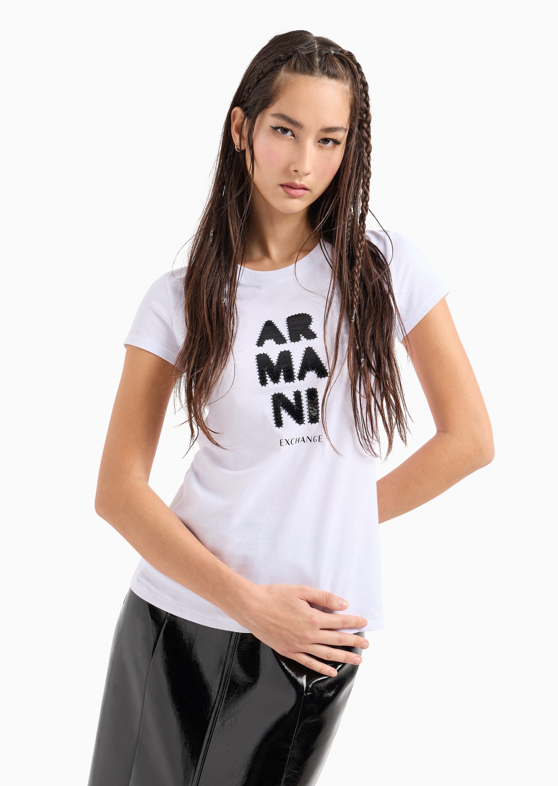 ARMANI EXCHANGE 女士全棉修身短袖圆领缝线贴片T恤