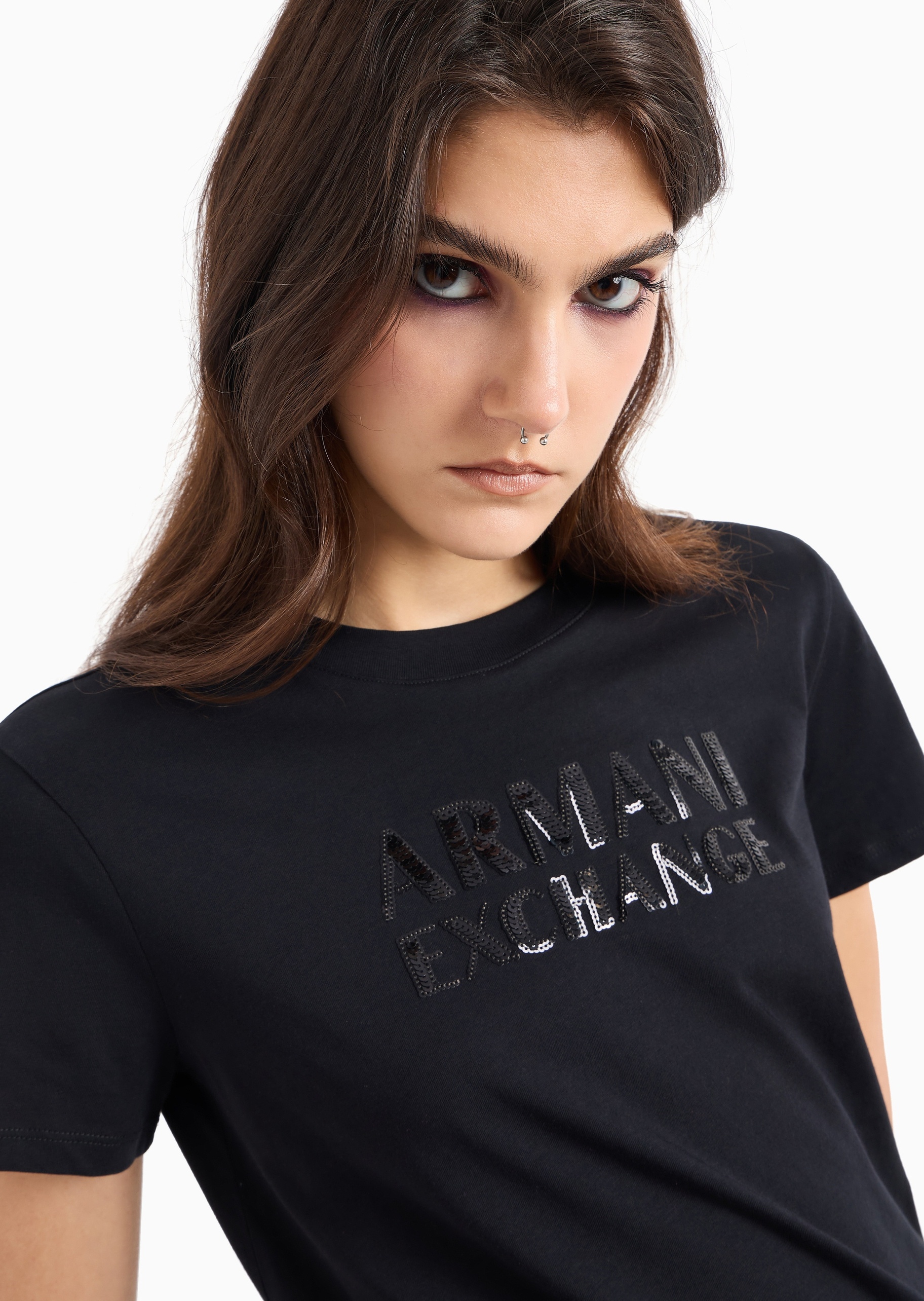 ARMANI EXCHANGE 女士全棉合身短袖圆领亮片LOGOT恤