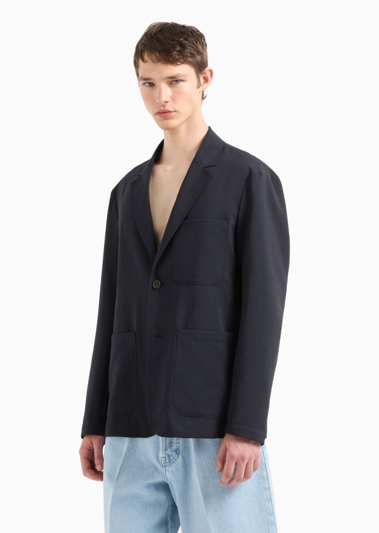 Emporio Armani 男士长袖平驳领泡泡纱单排扣休闲西装外套