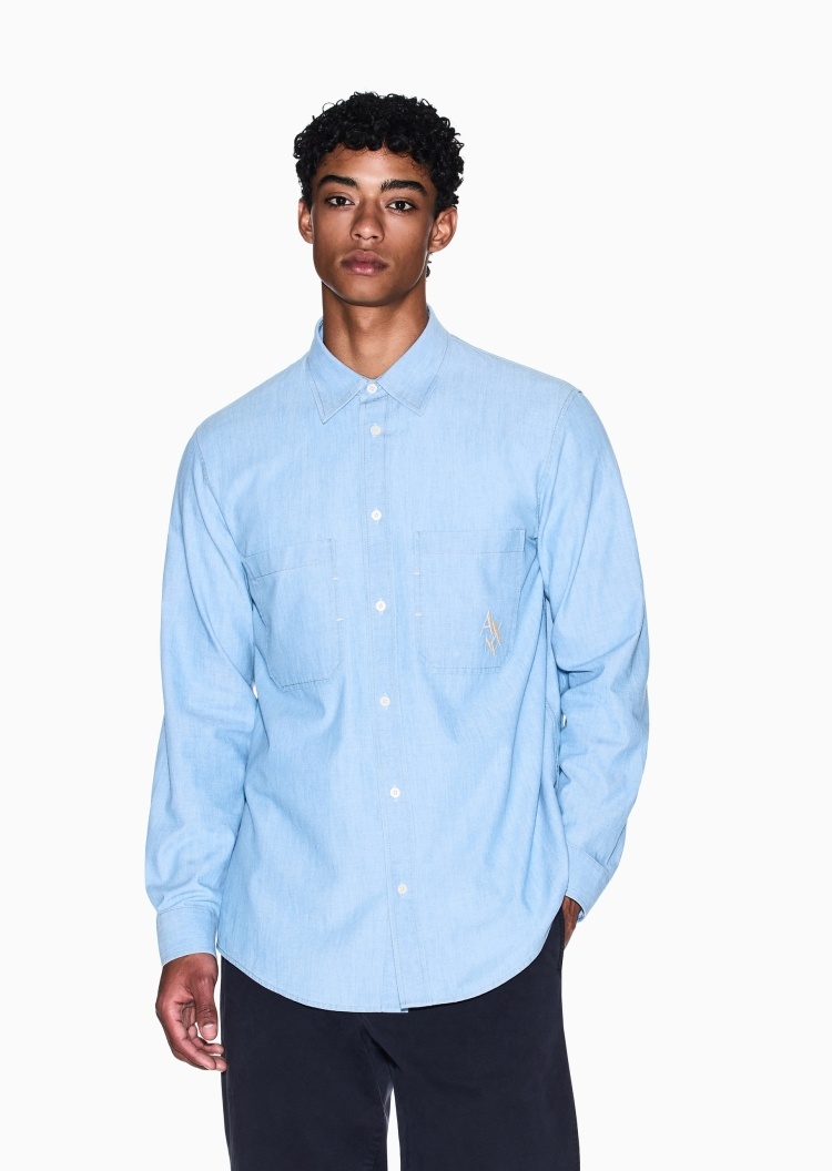 ARMANI EXCHANGE 男士全棉长袖翻领LOGO刺绣牛仔衬衫