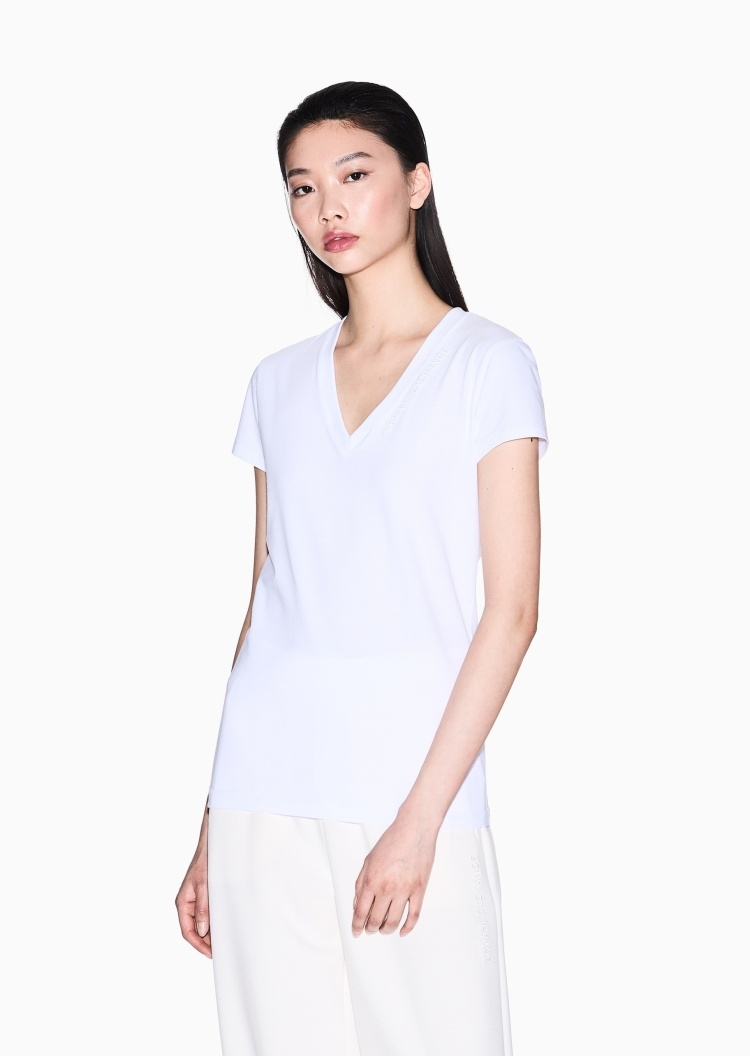 ARMANI EXCHANGE 女士棉质弹力修身短袖V领正肩T恤衫