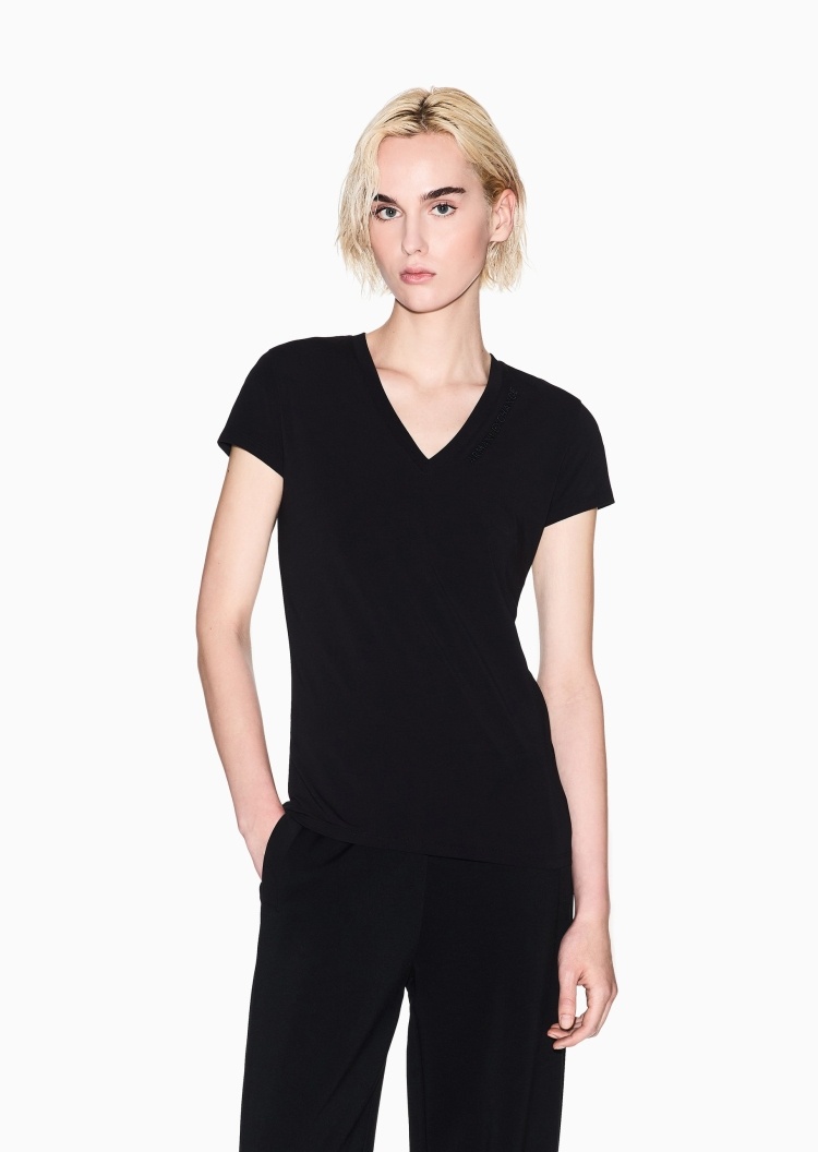 ARMANI EXCHANGE 女士棉质弹力修身短袖V领正肩T恤衫