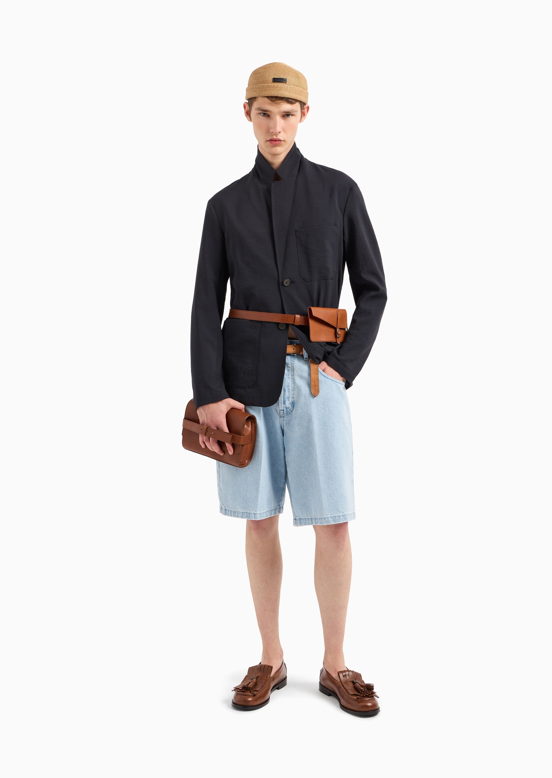 Emporio Armani 男士长袖平驳领泡泡纱单排扣休闲西装外套