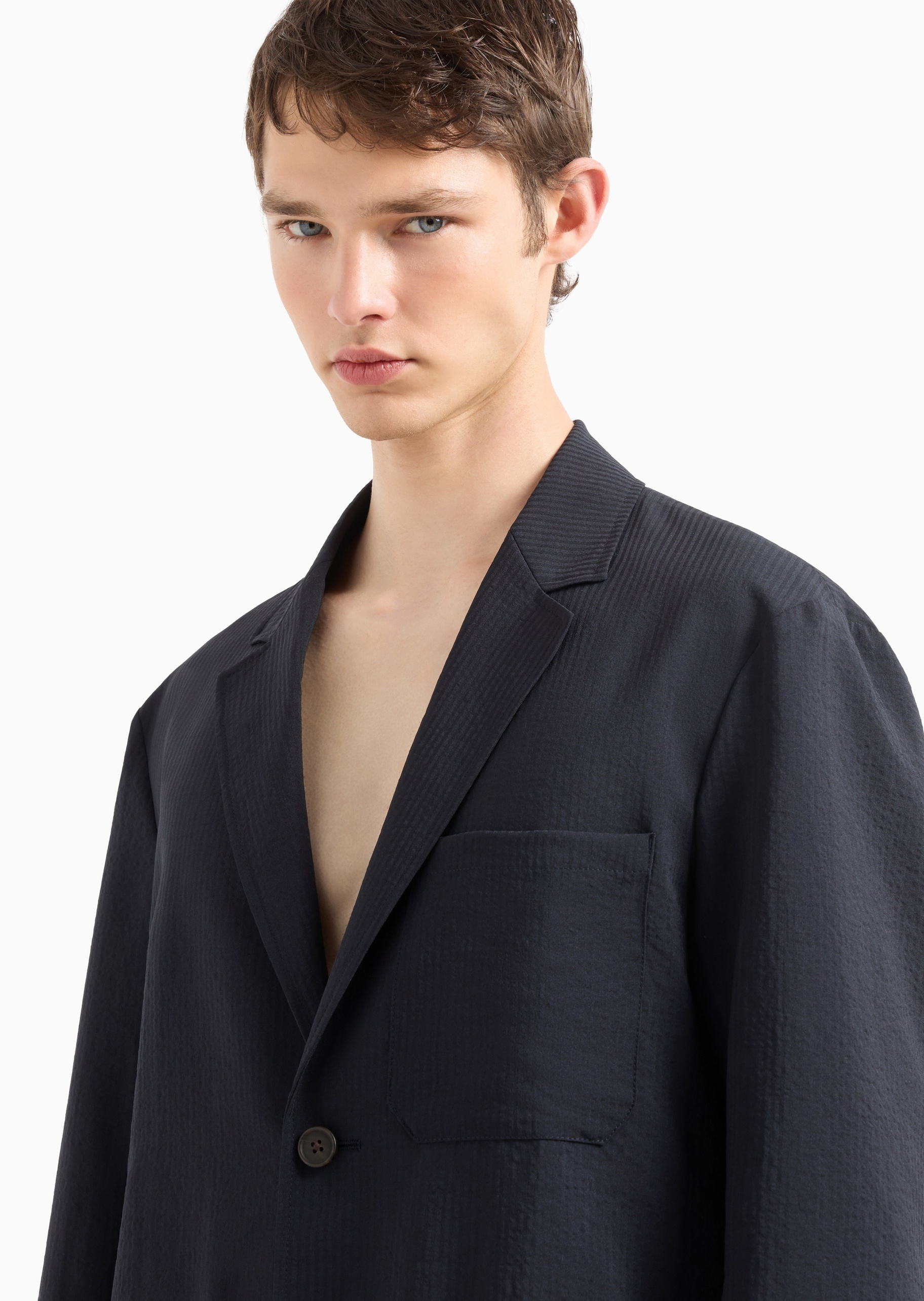 Emporio Armani 男士长袖平驳领泡泡纱单排扣休闲西装外套
