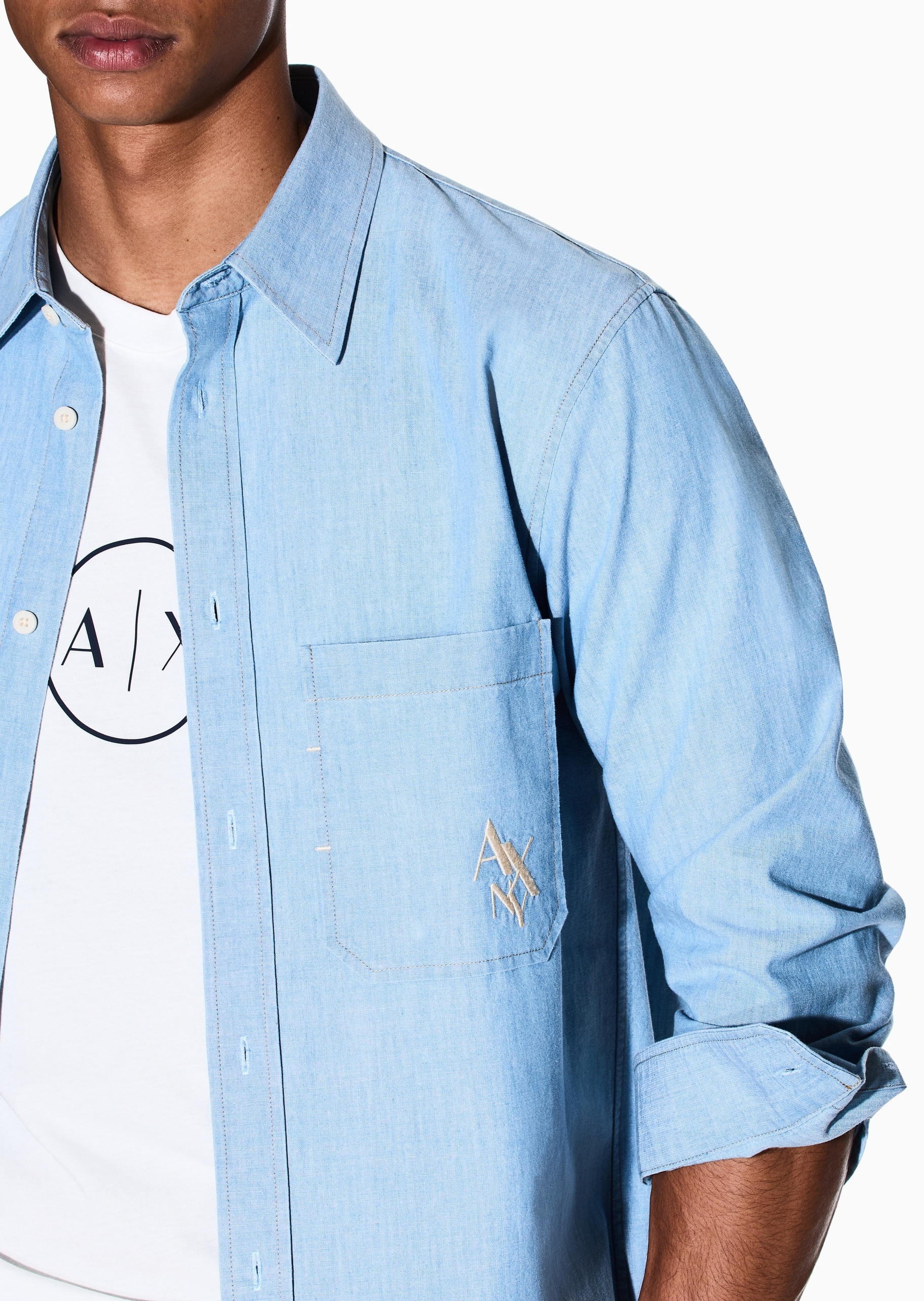 ARMANI EXCHANGE 男士全棉长袖翻领LOGO刺绣牛仔衬衫