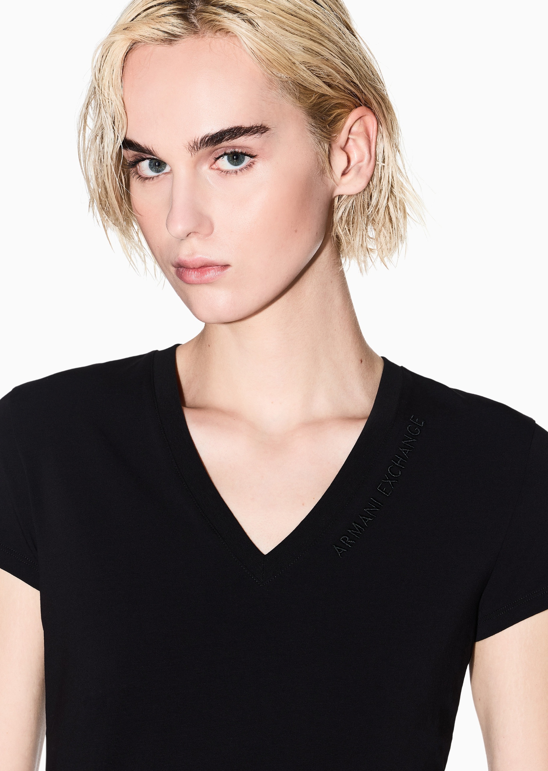 ARMANI EXCHANGE 女士棉质弹力修身短袖V领正肩T恤衫