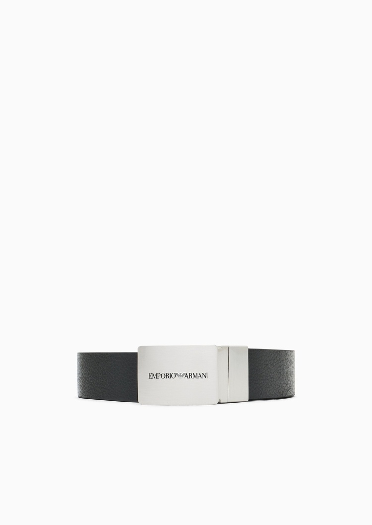 Emporio Armani 男士牛皮剖层革荔枝纹板扣腰带皮带