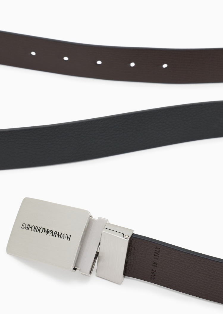 Emporio Armani 男士牛皮剖层革荔枝纹板扣腰带皮带