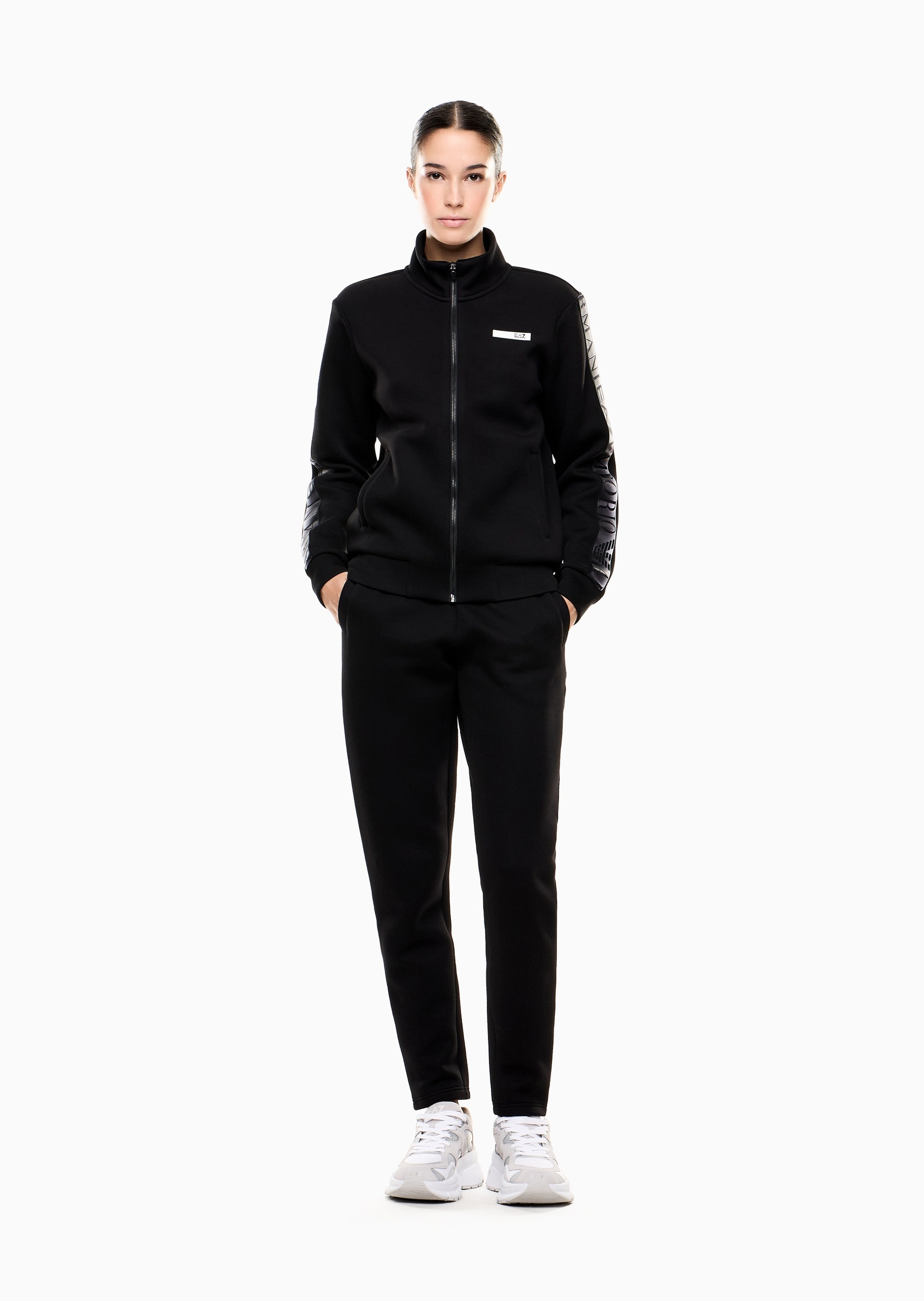 EA7 女士棉质立领开衫长裤撞色运动套装