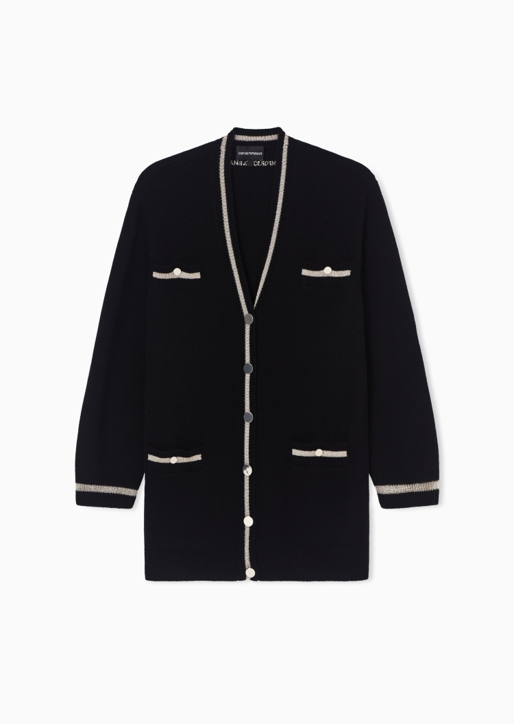Emporio Armani 女士绵羊毛长袖V领纽扣撞色饰边针织开衫