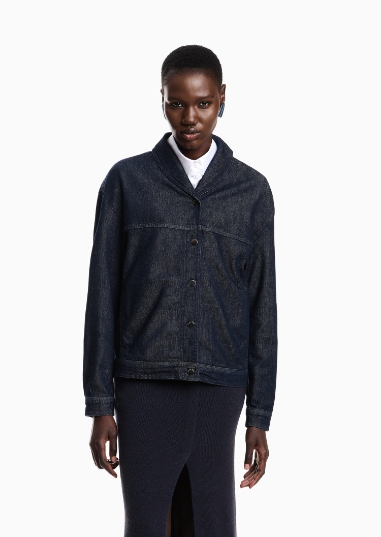 Emporio Armani 女士翻领宽松休闲复古牛仔夹克外套