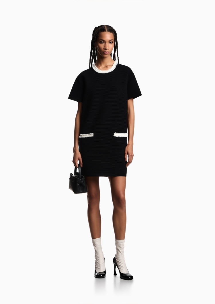 Emporio Armani 女士楼梯布短袖短款饰边圆领连衣裙