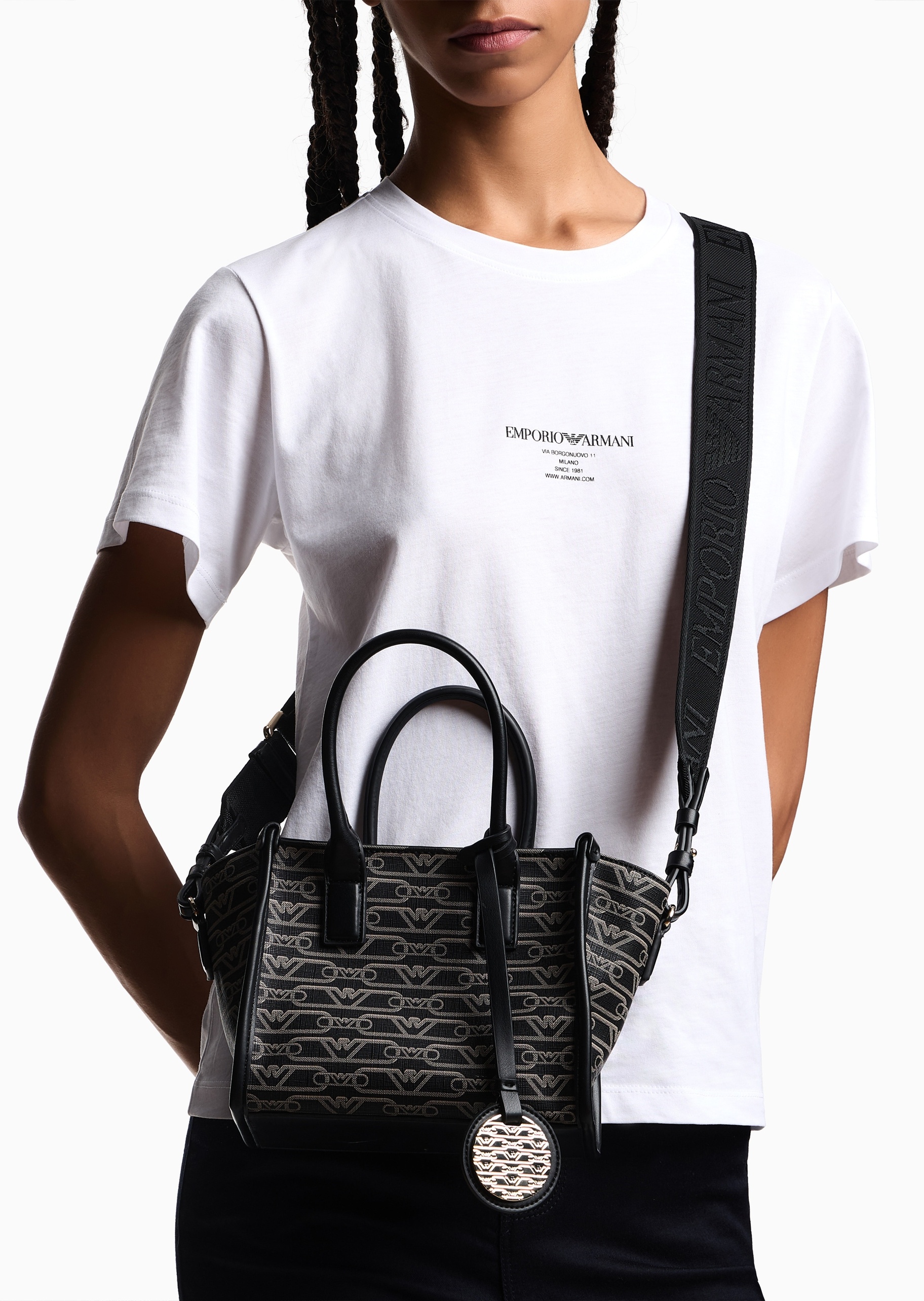 Emporio Armani 女士小号拉链可拆肩带老花手提斜挎托特包