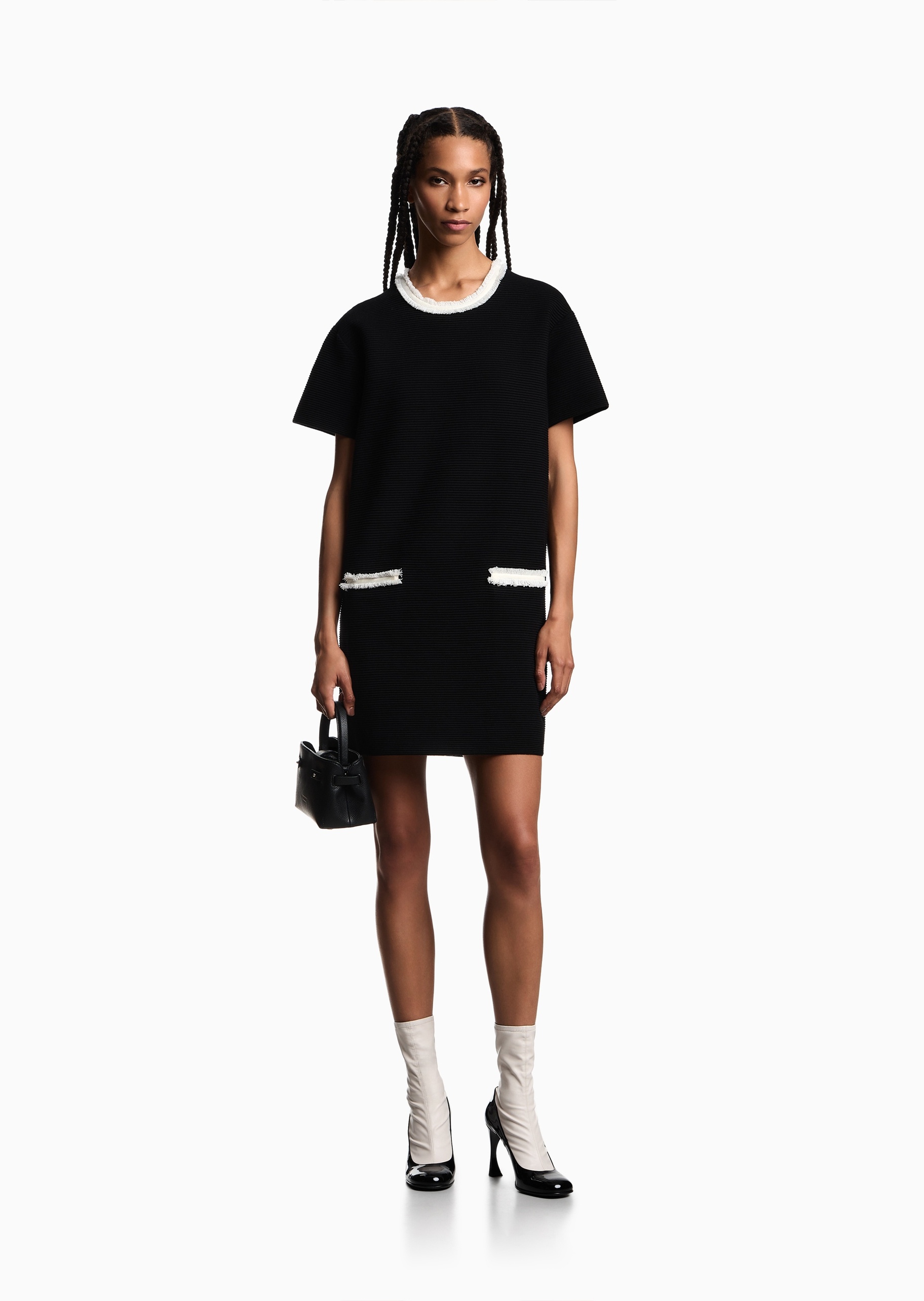 Emporio Armani 女士楼梯布短袖短款饰边圆领连衣裙