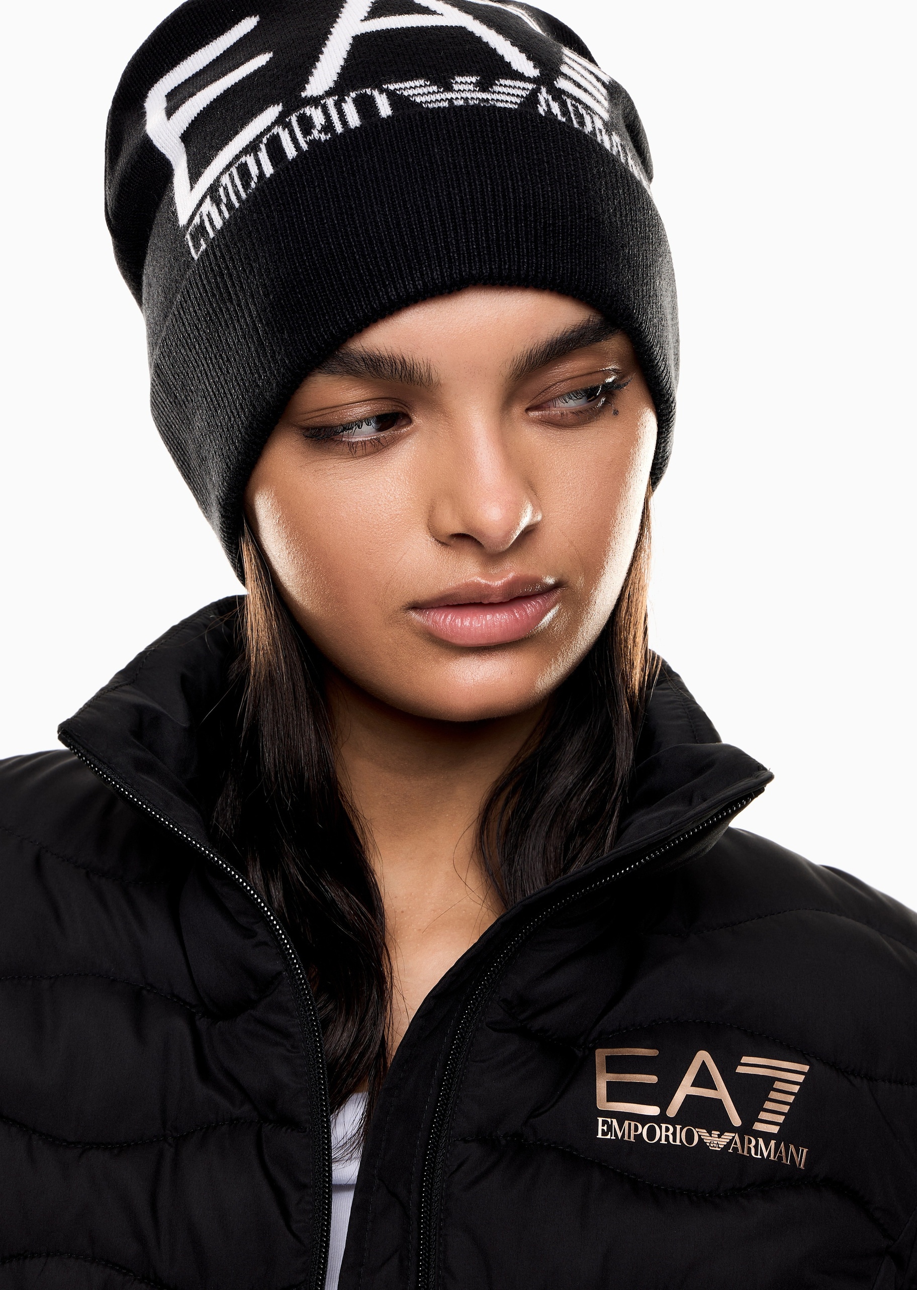 EA7 男女同款圆顶翻边撞色提花登山针织帽