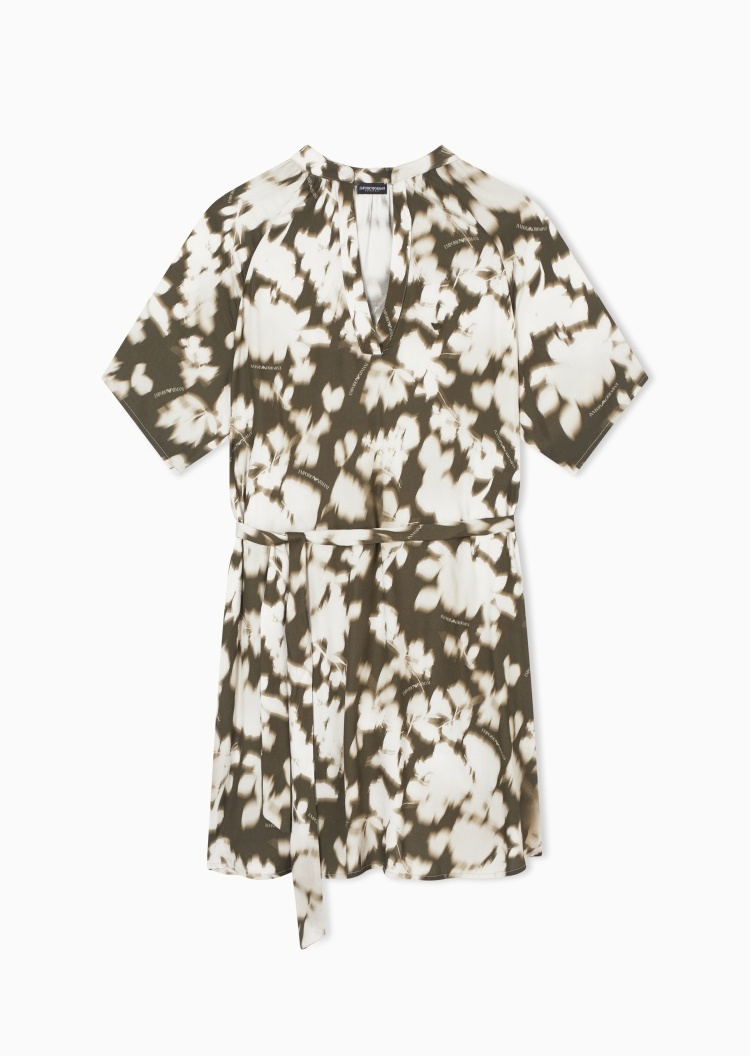 Emporio Armani 女士短袖V领系带印花沙滩连衣裙