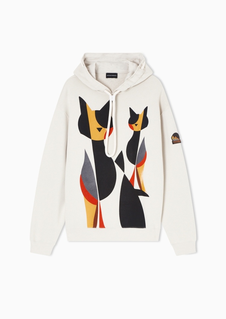 Emporio Armani 男士纯棉重磅宽松连帽落肩猫咪印花毛圈卫衣