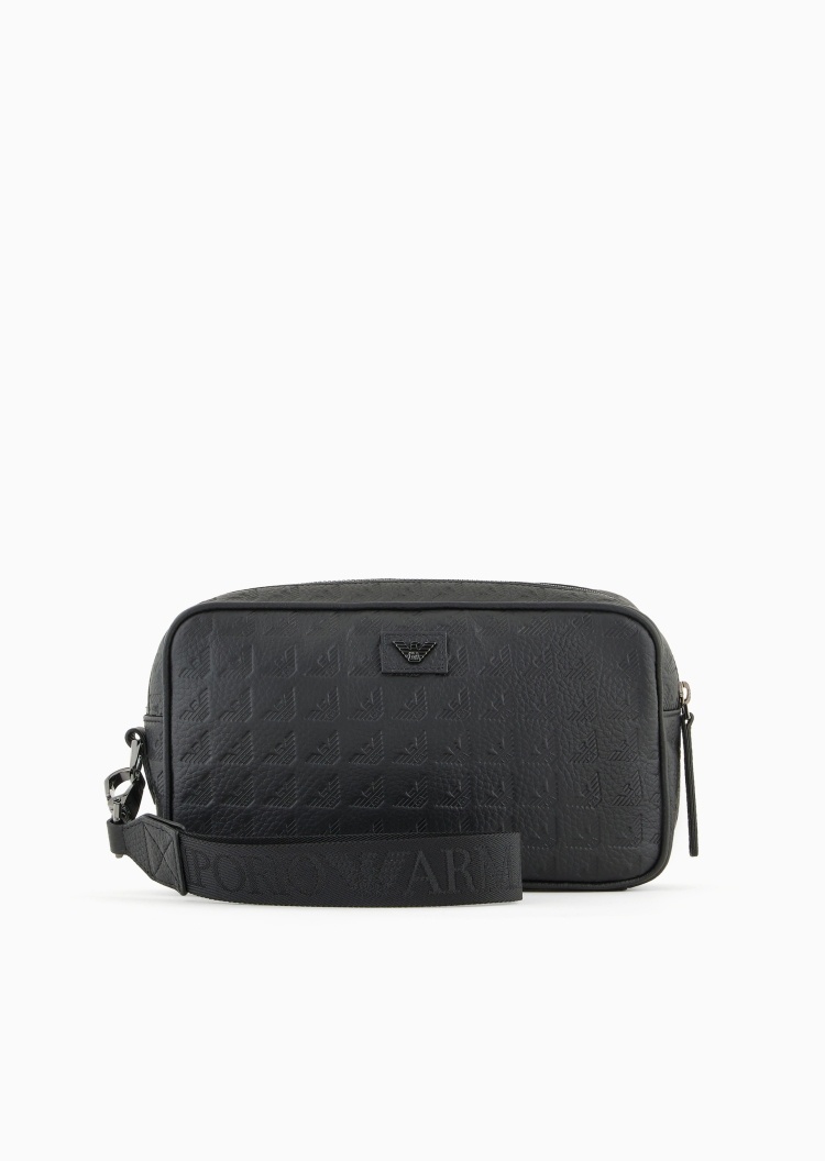 Emporio Armani 男士犊牛皮革拉链可拆腕带鹰标压花手拿包