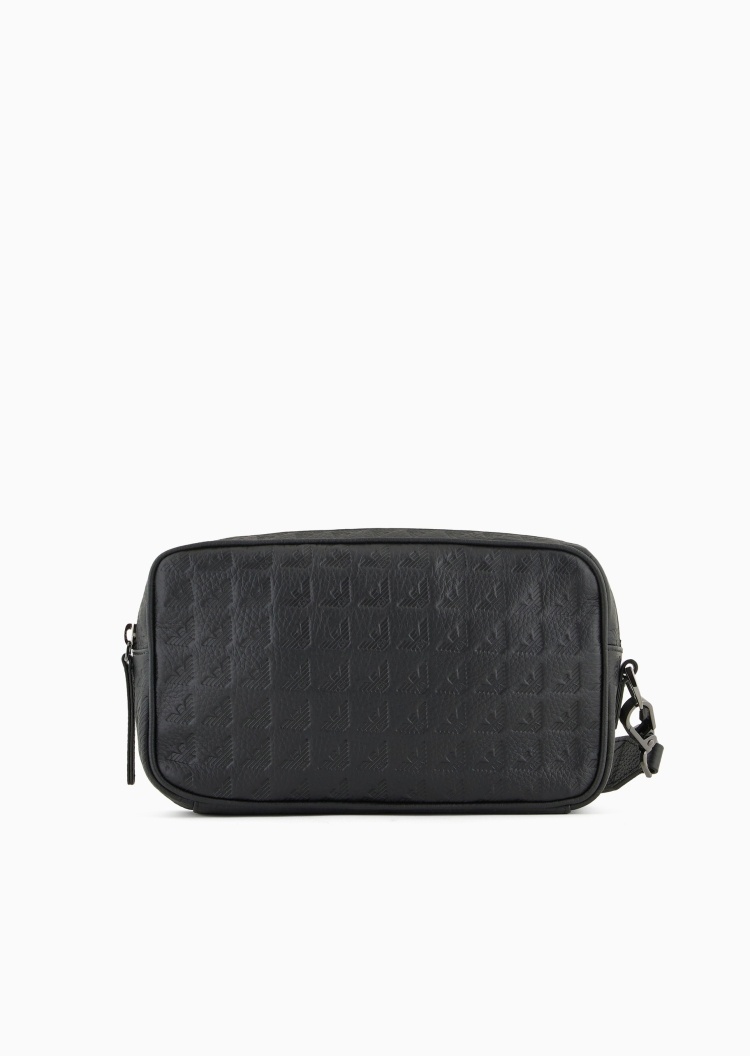 Emporio Armani 男士犊牛皮革拉链可拆腕带鹰标压花手拿包