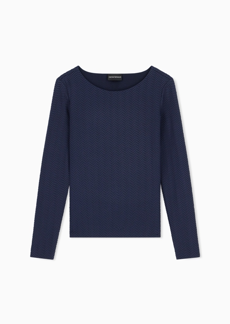 Emporio Armani 女士弹力长袖船领人字纹提花针织衫