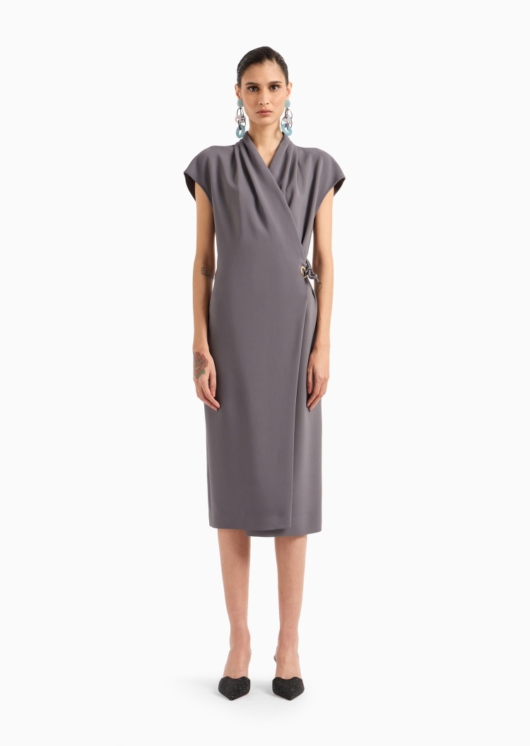 Giorgio Armani 女士人造棉微弹短盖袖中长款V领纯色连衣裙