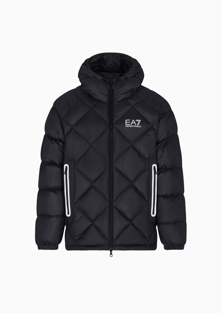 EA7 男士短款加厚宽松连帽拉链菱形绗缝羽绒服