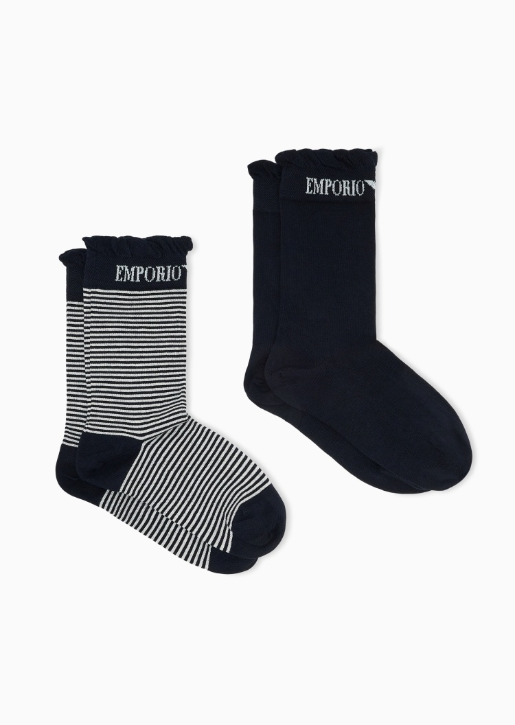 Emporio Armani 女士中筒两双装条纹花边耐穿袜子套装