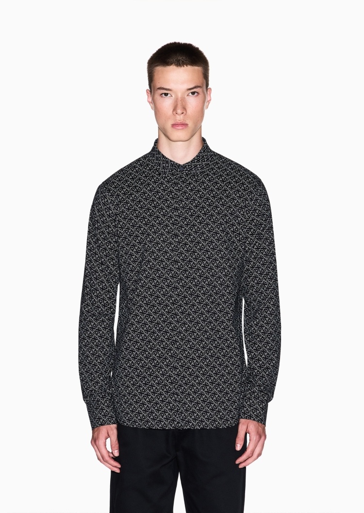 ARMANI EXCHANGE 男士纯棉微弹长袖翻领通体徽标印花衬衫