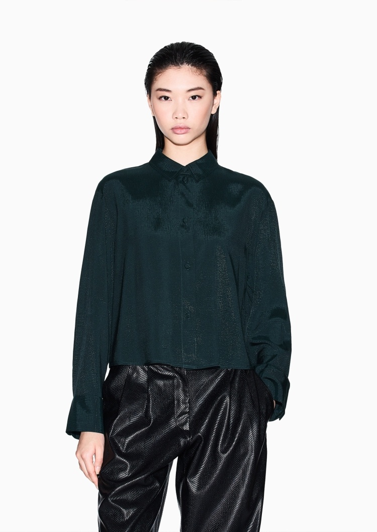 ARMANI EXCHANGE 女士人造棉短款翻领纽扣纯色衬衫