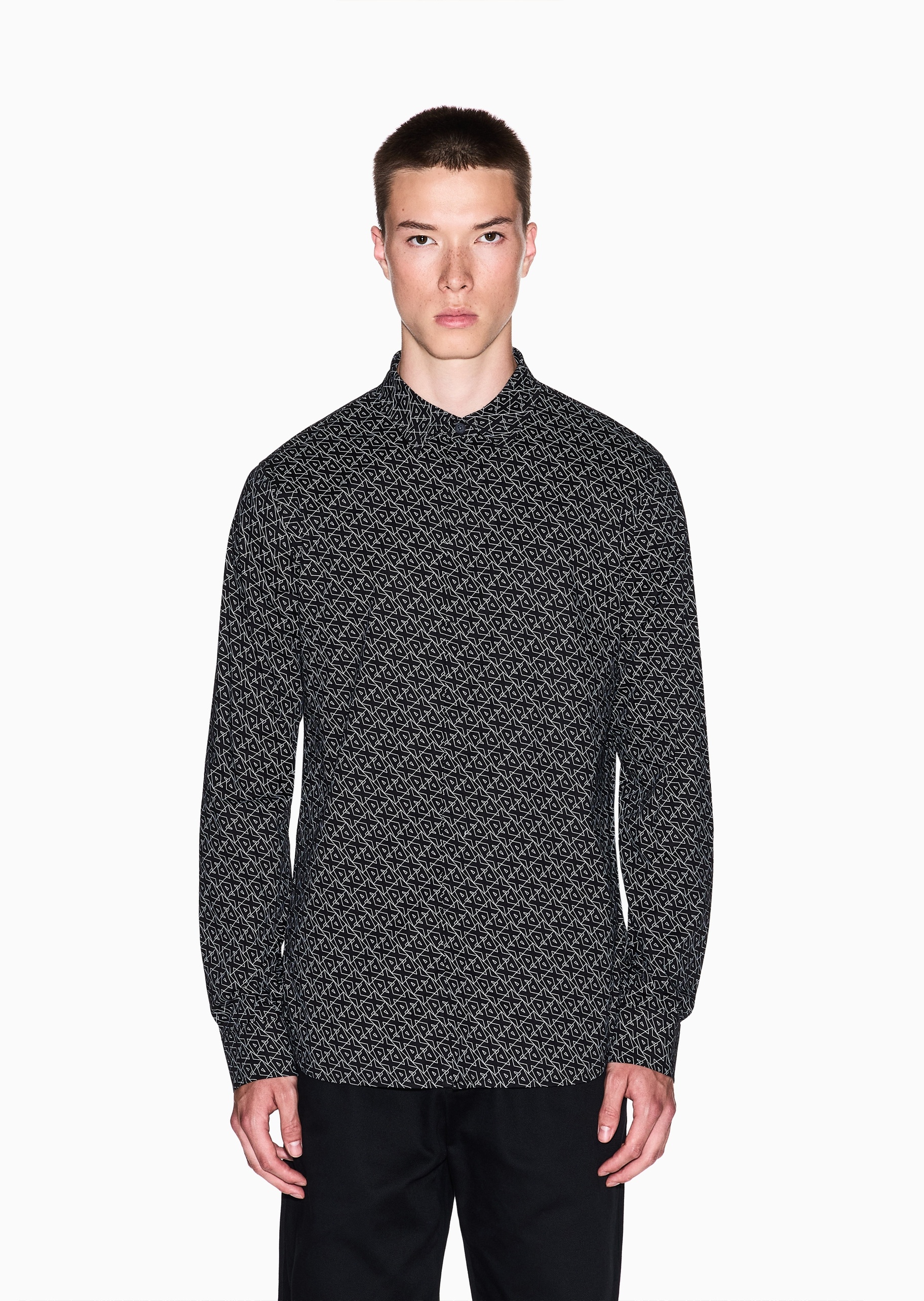 ARMANI EXCHANGE 男士纯棉微弹长袖翻领通体徽标印花衬衫