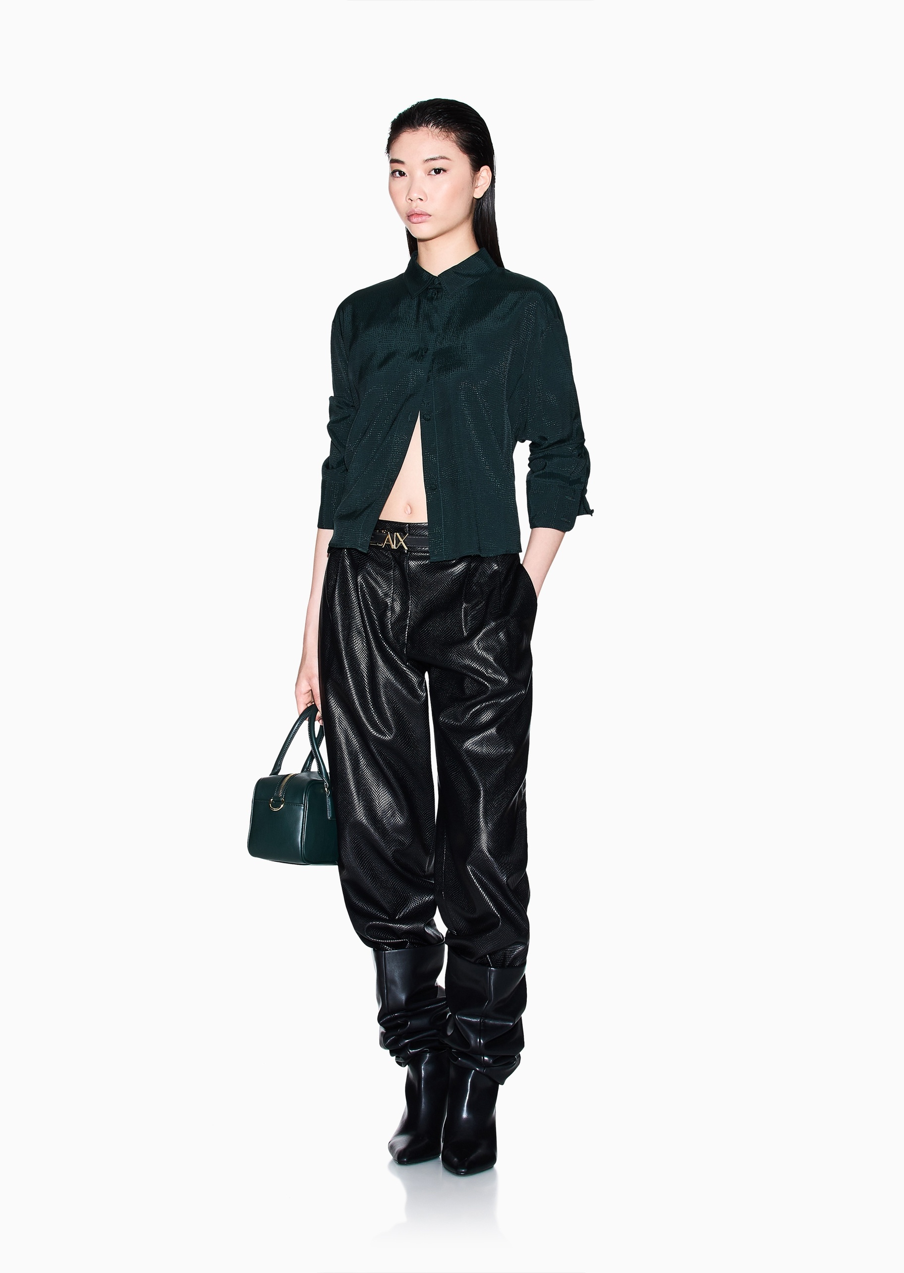 ARMANI EXCHANGE 女士人造棉短款翻领纽扣纯色衬衫