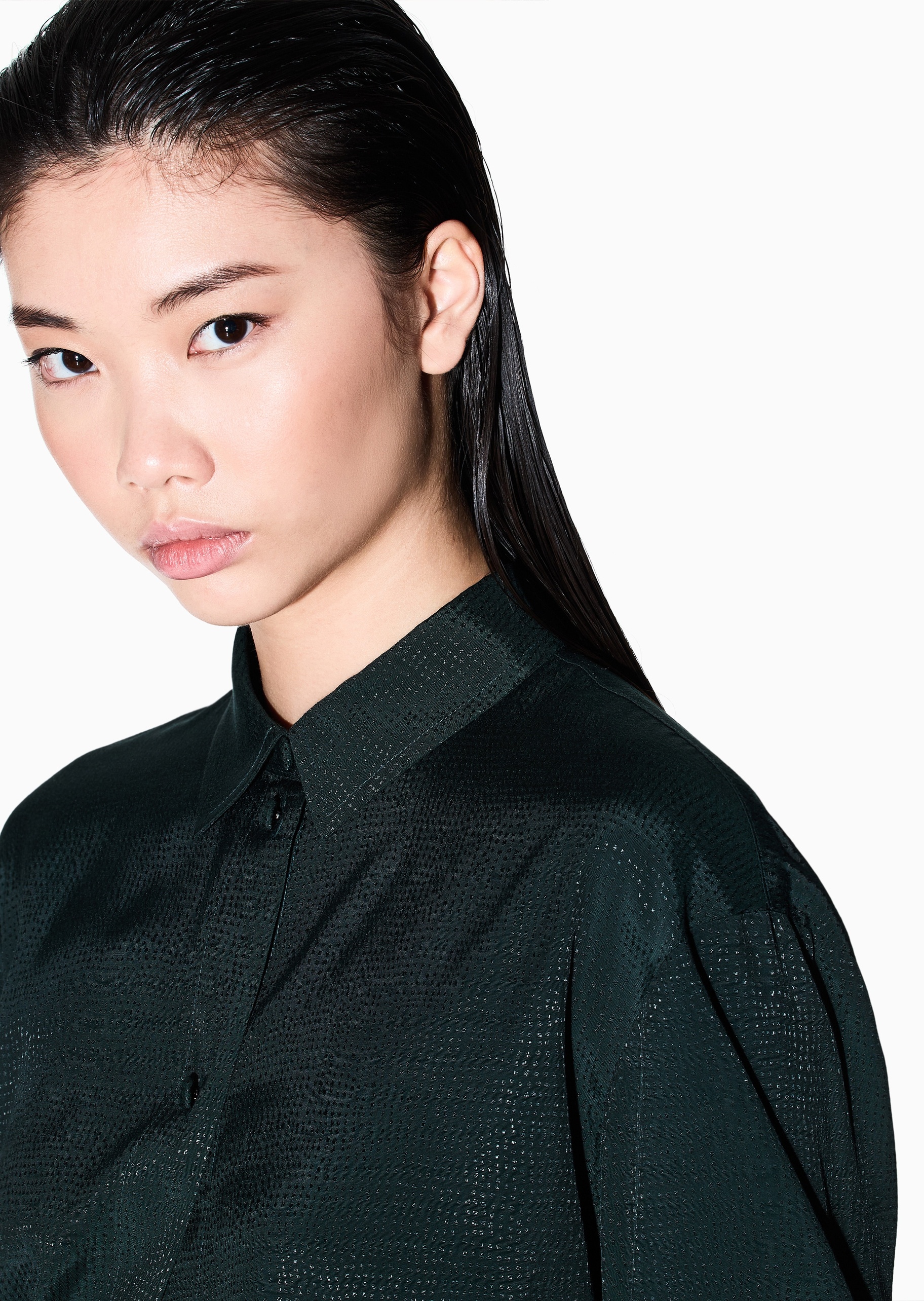 ARMANI EXCHANGE 女士人造棉短款翻领纽扣纯色衬衫